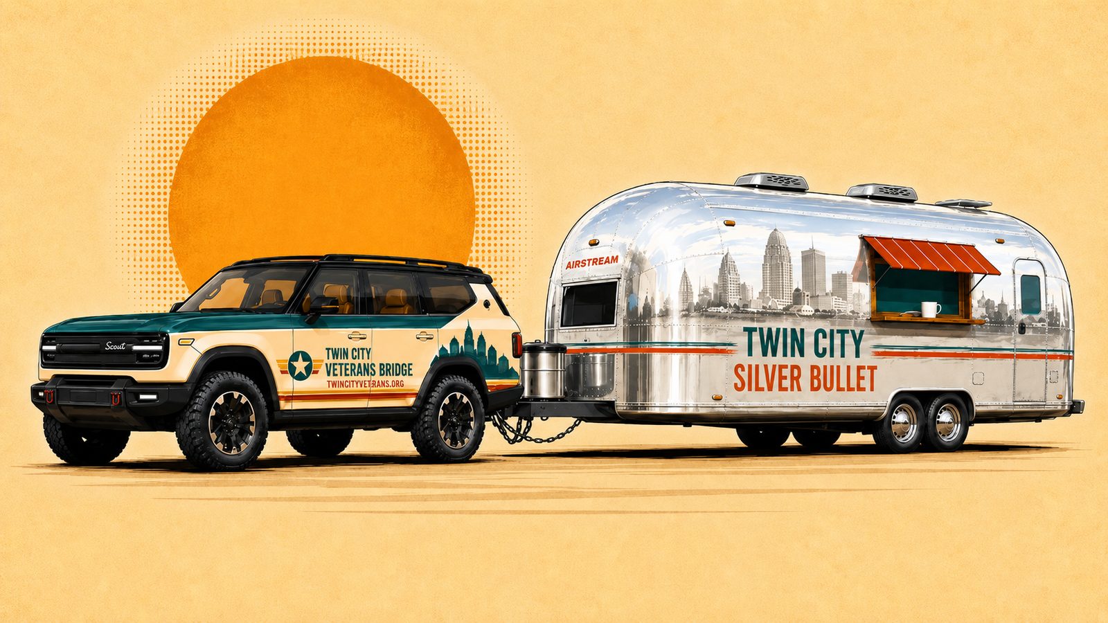 Illustration of a Scout Motors Traveler in Twin City Veterans Bridge livery towing the polished Silver Bullet Airstream, the Winston-Salem skyline rendered along the trailer's aluminum shell.